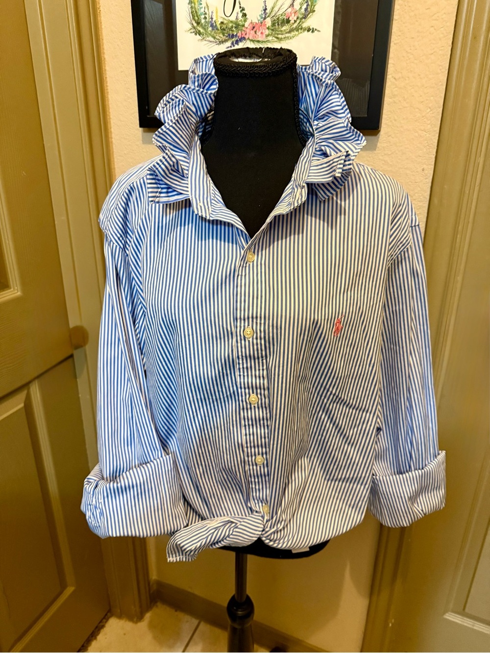 Upcycled Ralph Lauren Blue & White Ruffled Collar Striped Shirt XL